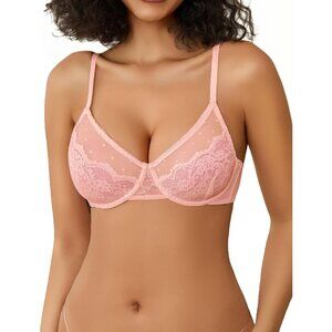 Women's Pink Lace Balco nette Underwire Unlined Sheer Lingerie Bra